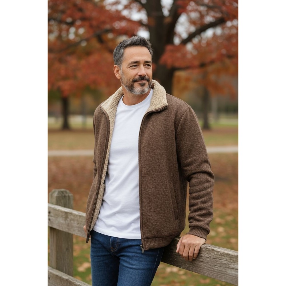 Mens Oscar De La Renta Full Zip Sweater With Sherpa Collar